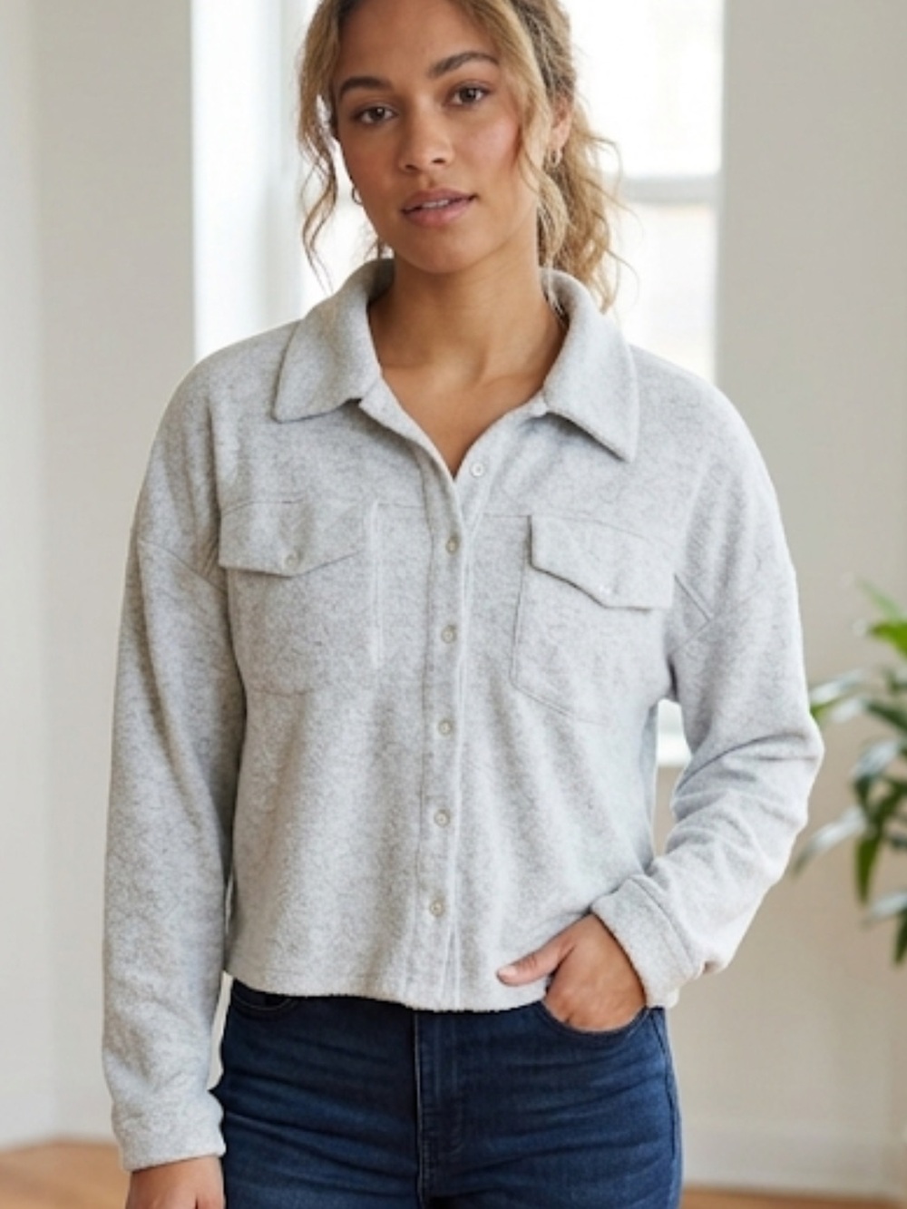 BKE Light Gray snap front shirt fleece small oversized cottagecore fall Shacket